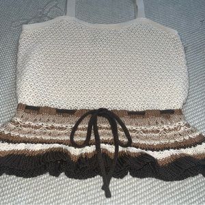 Von Maur Tie Front Crochet Ruffle Peplum Tank Top Brown Cream Stripe Sz S NWT